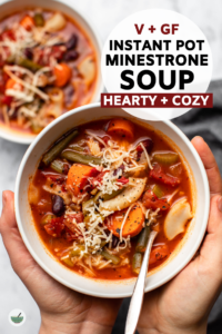 This Instant Pot Minestrone Soup is hearty, cozy, and packed with tons of veggies! A perfect one-pot meal for lunch, dinner, or meal prep. #minestrone #instantpot #vegan #glutenfree #plantbased | frommybowl.com
