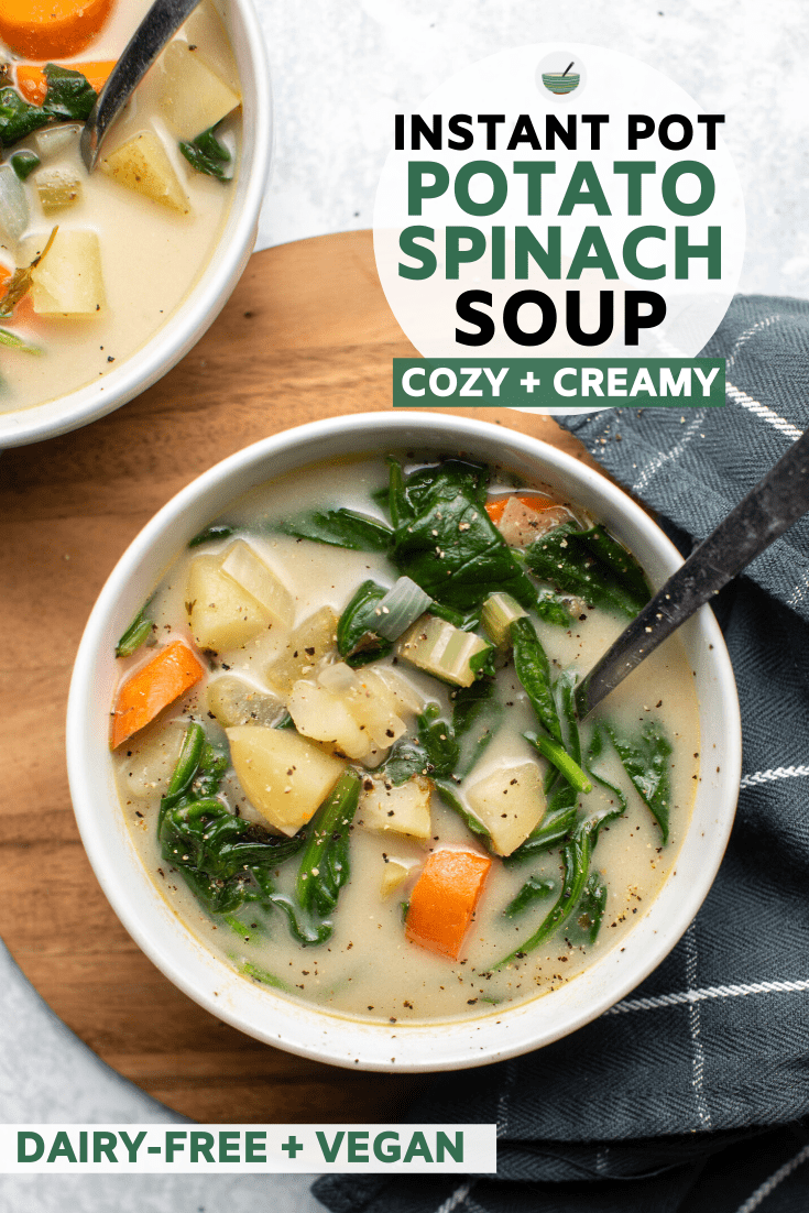 This feel-good Instant Pot Potato Spinach Soup is healthy *and* delicious, thanks to a ton of cozy veggies and creamy cashews! Gluten-Free & Vegan. #potatospinachsoup #potatosoup #instantpot #dairyfree #vegan | frommybowl.com