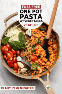 This Easy One-Pot Pasta is the perfect weeknight dinner - uncooked pasta, veggies, and sauce combine and cook together in one pot in only 20 minutes! #onepot #pasta #vegan #vegandinner #plantbased | frommybowl.com