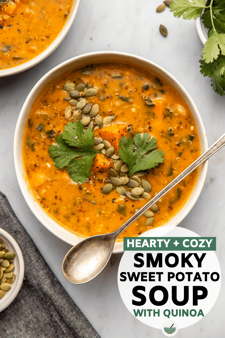 This Smoky Sweet Potato Soup is cozy, heart, and jam-packed with flavor! Sweet potatoes, quinoa, and warming spices combine to make this plant-based recipe. #soup #sweetpotatosoup #vegan #plantbased #veganmealprep | frommybowl.com