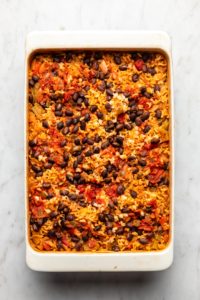 black bean casserole in baking dish after cooking