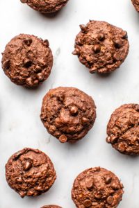 chocolate banana muffins on marble background