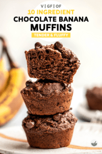 These Chocolate Banana Muffins are fluffy, tender, and made with only 10 plant-based ingredients! Vegan, Gluten-Free, & Refined-Sugar Free.