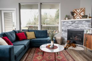 photo of furnished living room with sofa and puppy by fireplace