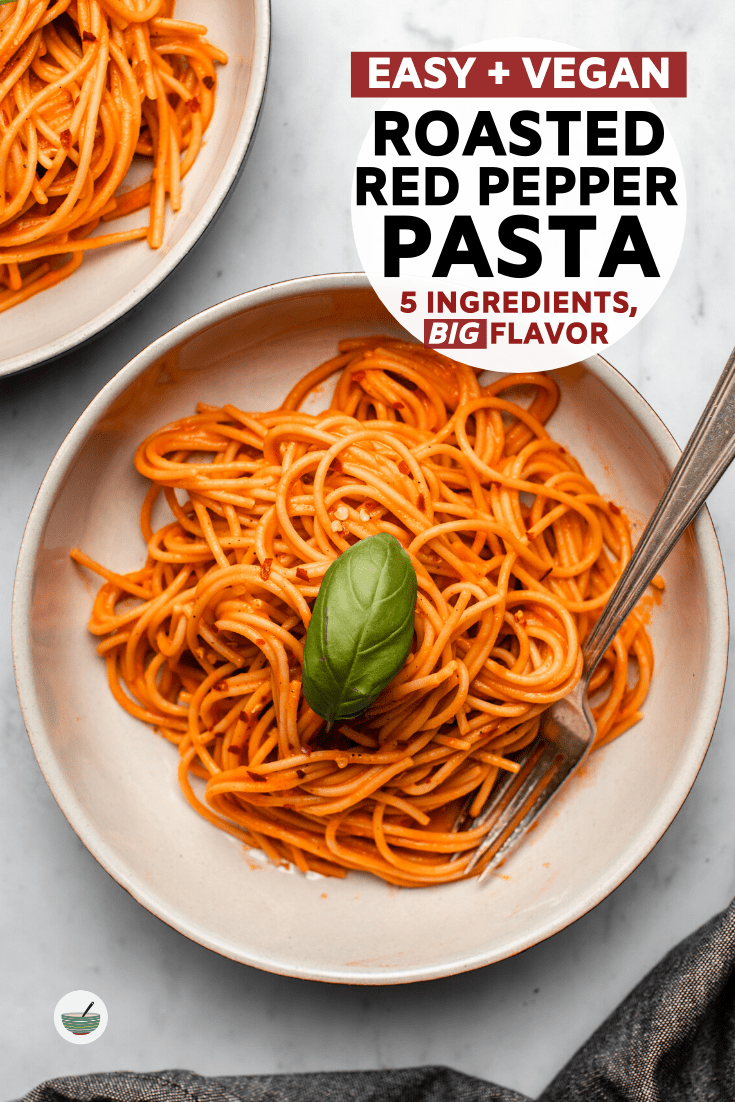 This Roasted Red Pepper Pasta is creamy, tangy, and delicious! Made with 5 healthy ingredients, easy steps, and totally dairy-free & vegan. #pasta #roastedredpepper #redpepper #vegan #dairyfree #plantbased | frommybowl.com