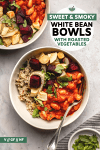 Smoky white beans, fluffy quinoa, and roasted vegetables combine to make a filling and tasty plant-based bowl! Perfect for meal-prep or easy vegan dinner.