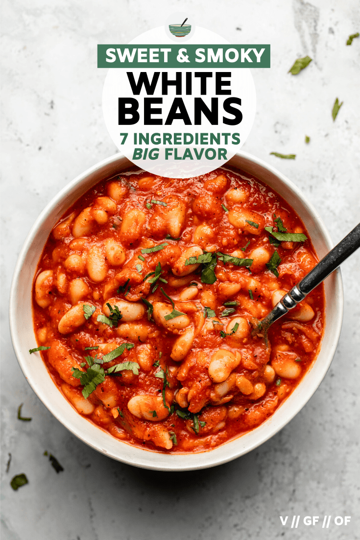These sweet & smoky white beans are simmered in a silky and flavorful tomato & red pepper sauce and make the perfect side. Great for an easy weeknight recipe or meal prep! Vegan & Gluten-Free. 