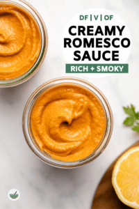 This Easy Romesco Sauce only uses 9 healthy ingredients and is ready in less than 10 minutes! Gluten Free, Vegan, and Oil-Free, it's perfect over pasta or with roasted veggies. #romesco #vegan #oilfree #redpeppersauce #plantbased | frommybowl.com