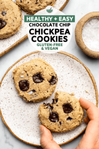 These Chickpea Chocolate Chip Cookies are healthy, wholesome, and TASTY! Made from simple plant-based ingredients and easy steps, they make a perfect healthy snack or dessert. Vegan, gluten-free, and grain-free optional.