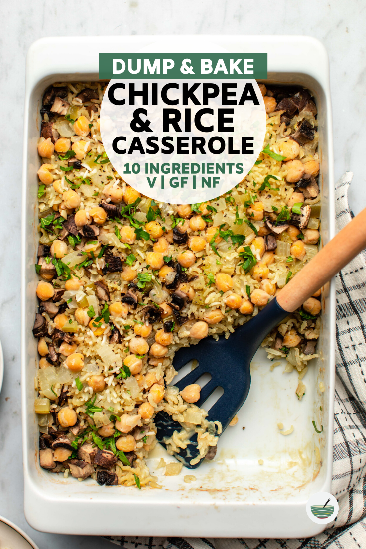 This dump-and-bake Chickpea & Rice Casserole is easy AND delicious! Made from only 10 plant-based ingredients, it delivers big flavor with minimal effort. Perfect for meal prep or a weeknight dinner!