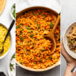 yellow lentil curry, kimchi fried rice, and one pot vegan mushroom stroganoff