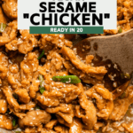 vegan sesame chicken topped with green onions in tan pan