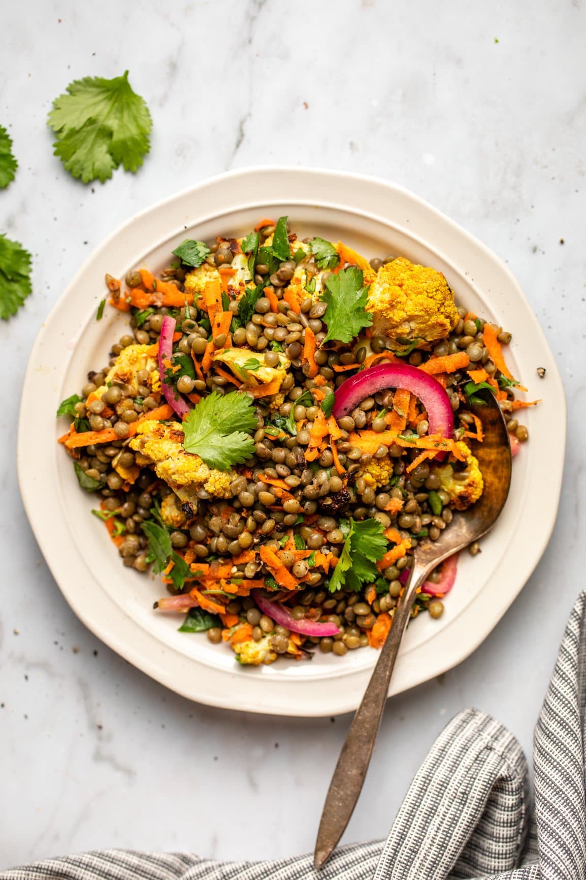 Curried lentil salad with fresh coriander on white plate with spoon and striped napkin