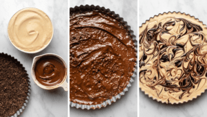 steps for making peanut butter cup pie components, crust, and assmebling