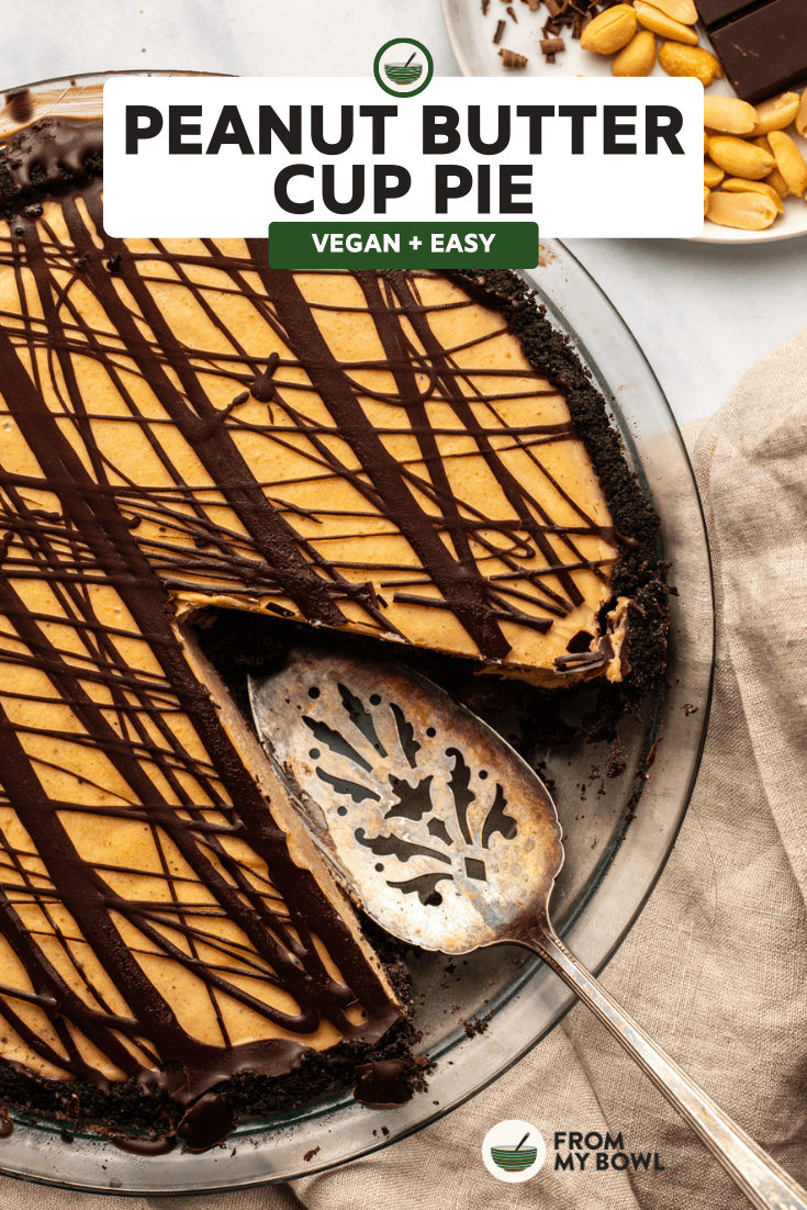 vegan peanut butter cup pie with slice cut out of it