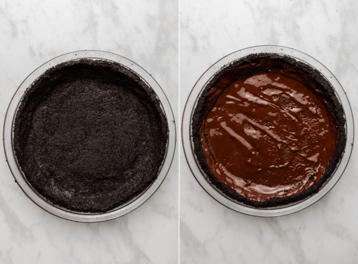 side-by-side photos of oreo crust before baking and after being topped with melted chocolate