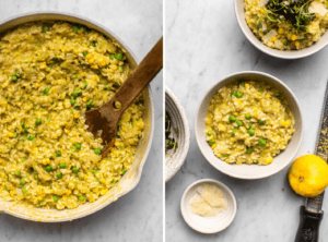 two photos of risotto in pot and risotto in serving bowl before topping