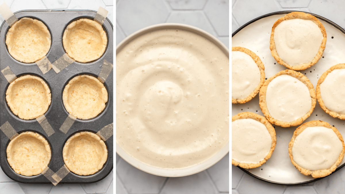 photos of unbaked pie crust, blended vanilla custard, and vanilla custard placed into pie crusts