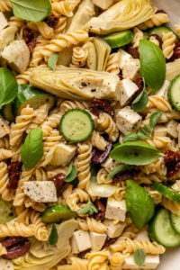 close up photo of pasta salad to show individual recipe ingredients