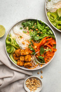 vermicelli noodle bowl with fresh lime and peanuts in small bowls on the side