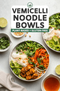 vermicelli noodle bowls on marble countertop with additional ingredients like herbs, lime juice, peanuts, and dressing on the side