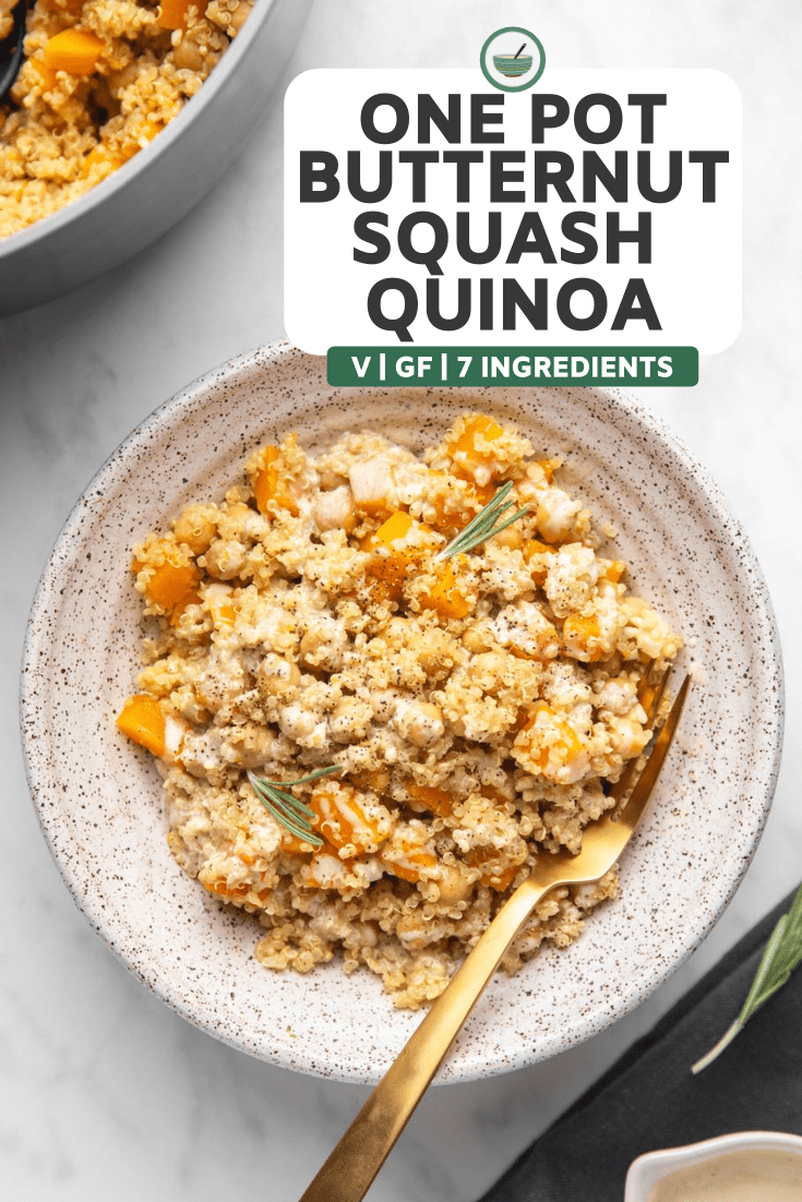 butternut squash, quinoa, and chickpeas in white bowl toped with tahini and black pepper