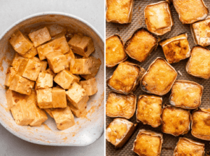 photo of uncooked tofu in bowl coated in sauce next to photo of baked tofu on baking sheet