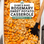 sweet potato rosemary casserole cooked in white dish with tahini dressing on the side