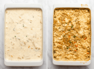 photo of uncooked casserole dish next to photo of baked casserole after cooking