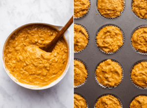 large bowl of mixed pumpkin apple muffin batter next to filled muffin tin