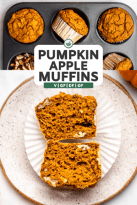 tray of baked pumpkin apple muffins with one muffin on white plate cut in half