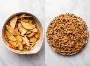 bowl of apples tossed in spice mix next to photo of apple crumble pie before baking