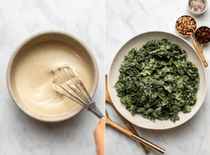 hand whisking dressing together in small bowl next to photo of kale tossed in dressing