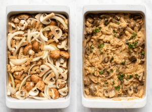 photo of mushroom stroganoff before going into the oven next to photo of casserole dish of mushroom stroganoff after baking