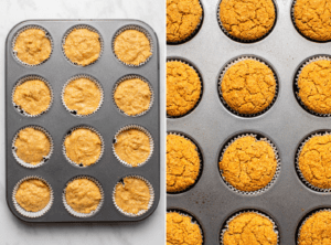 photo of muffin tin with unbaked muffin batter next to muffin tin full of baked muffins