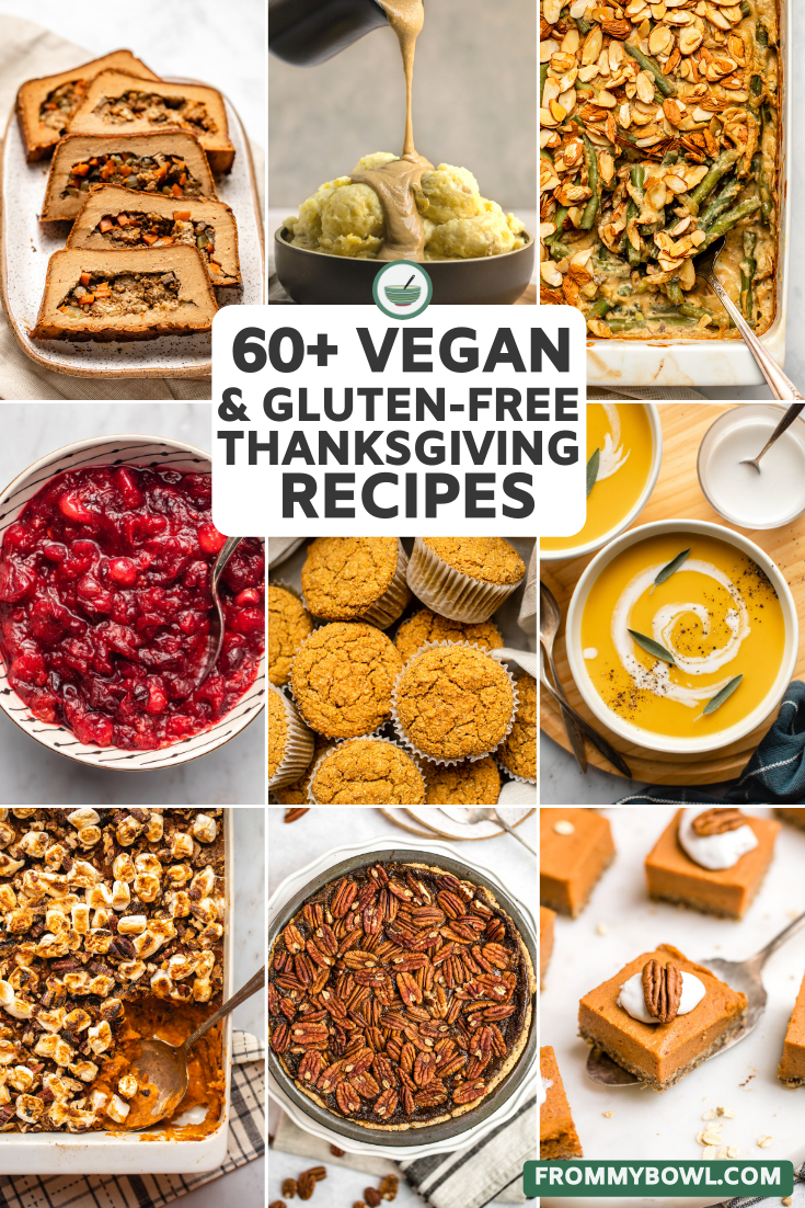 collage of various thanksgiving recipes including muffins, soup, pie, and casseroles