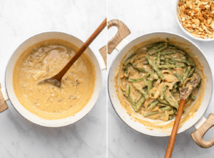 photo of homemade mushroom soup next to photo of soup after green beans are added