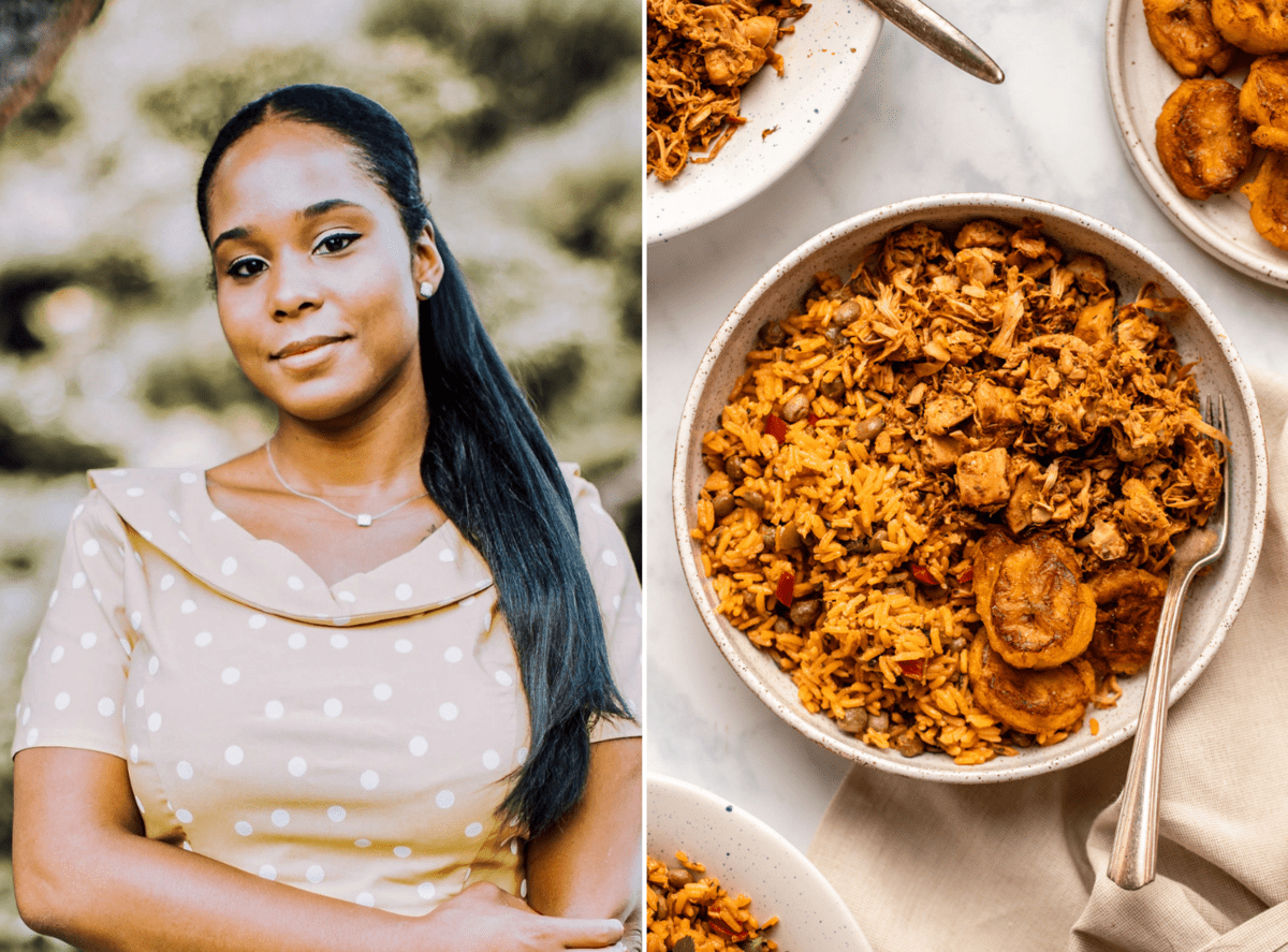 photo of aly next to bowl of jackfruit pernil next to arroz con gandules and tostones