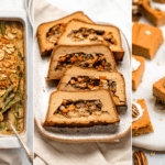 collage of green bean casserole next to vegan roast next to sweet potato pie bars