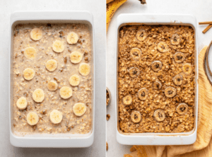 side by side photos of banana bread oatmeal in baking dish before and after baking