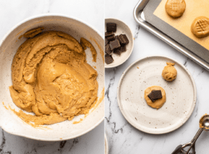 photo of cookie dough in bowl next to photo of cookie assembly process