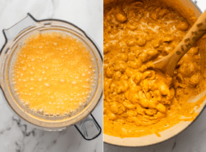 photo of blended sauce in blender next to cooked pasta in pot