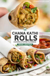 chana kathi rolls wrapped in parchment paper on plate topped with red onion and cilantro