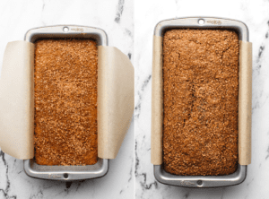 photo of gingerbread loaf in pan before baking next to photo of loaf after baking