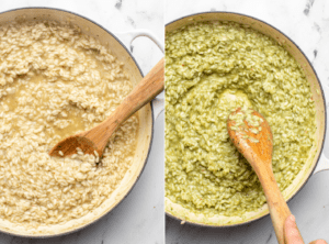 side by side photos of cooked risotto before and after pesto is stirred in
