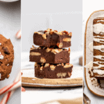 photo collage of chocolate peppermint cookies, maple pecan fudge, and gingerbread loaf