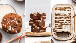 photo collage of chocolate peppermint cookies, maple pecan fudge, and gingerbread loaf