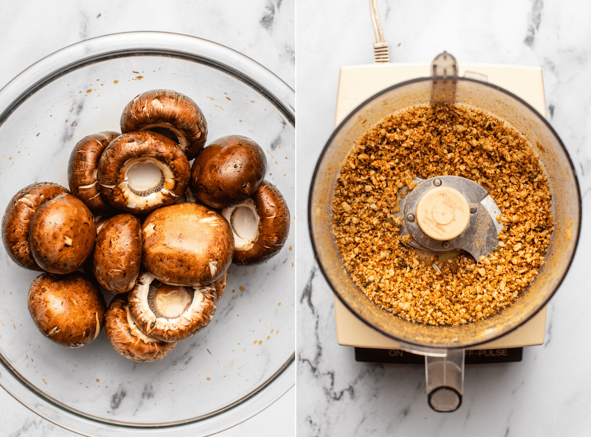 photo of marinating mushroom caps next to photo of chopped nuts and spices in a food processor