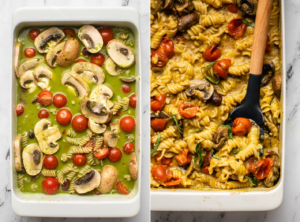 photo of no boil pesto pasta in casserole dish before baking in the oven next to photo of baked pasta bake with wooden spoon in casserole dish