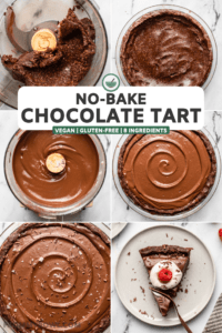 photos of step-by-step process for making no bake crust and chocolate filling for chocolate tart